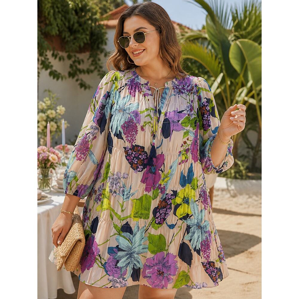 Trina Turk Floral Shift pleated Silvery Tunic Dress Sz XXL
